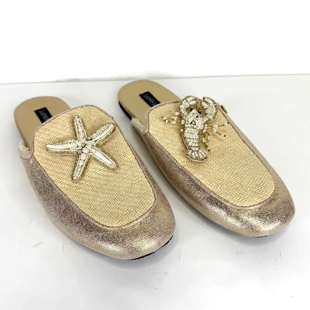 Laines London Mule Shoes Pearl Starfish & Lobster Brooches Cream Gold Size L 8/9